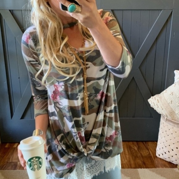 New Camo Front Knot Tie Soft Knit Tunic Blouse - Picture 2 of 6